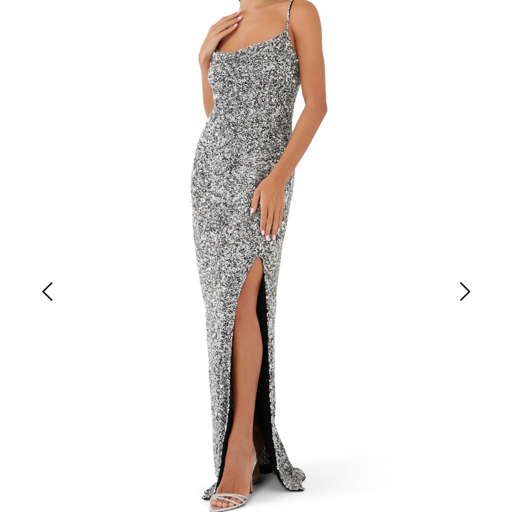 Rachel Gilbert Corrie Silver Sequin Gown